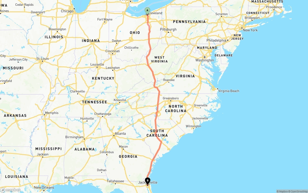 Shipping route from Cleveland to Jacksonville