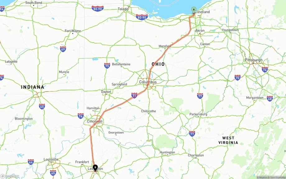 Cleveland to Lexington freight shipping route map