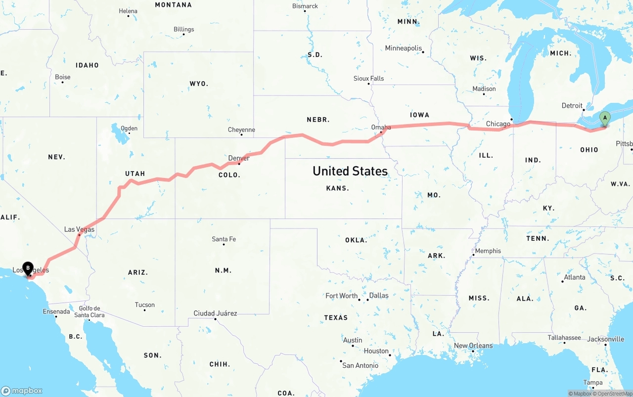Shipping route from Cleveland to Los Angeles International Airport
