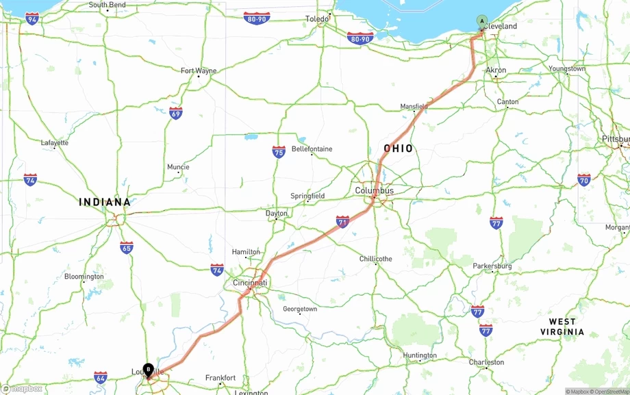 Cleveland to Louisville freight shipping route map