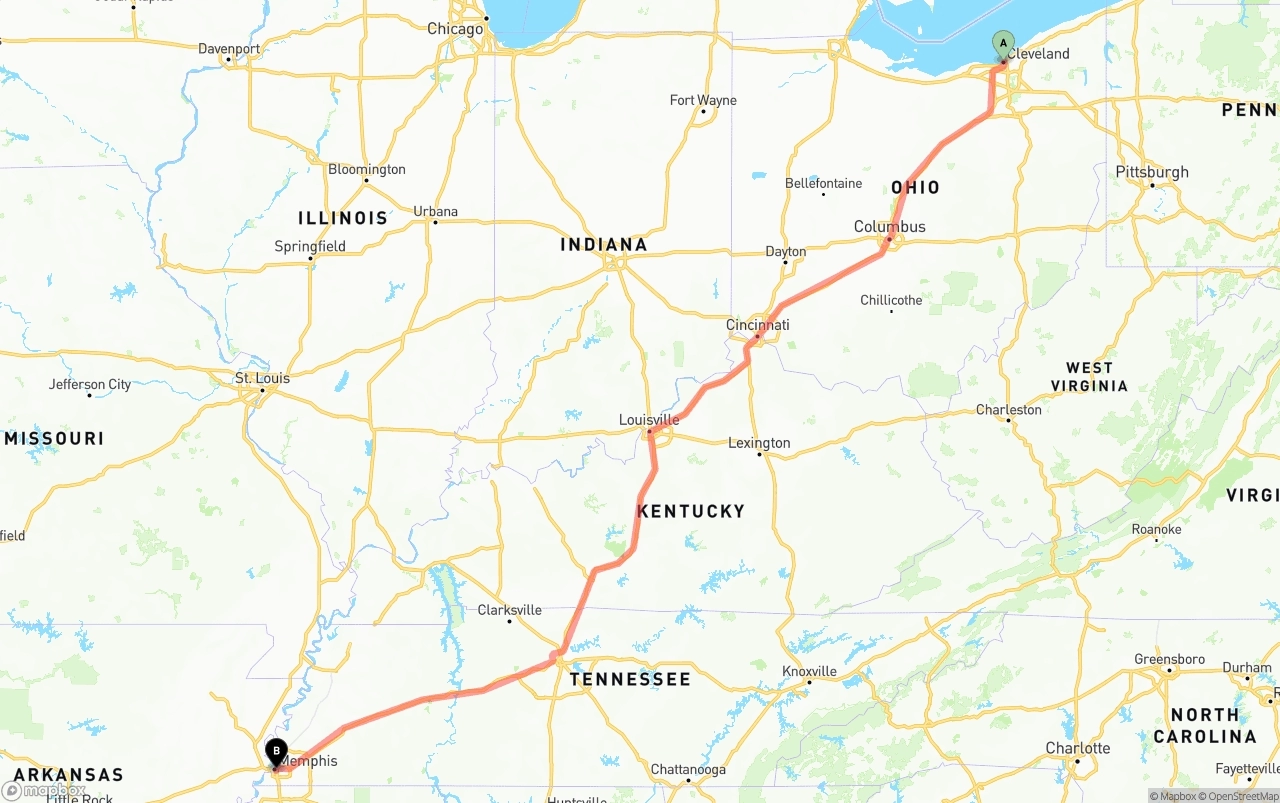 Shipping route from Cleveland to Memphis