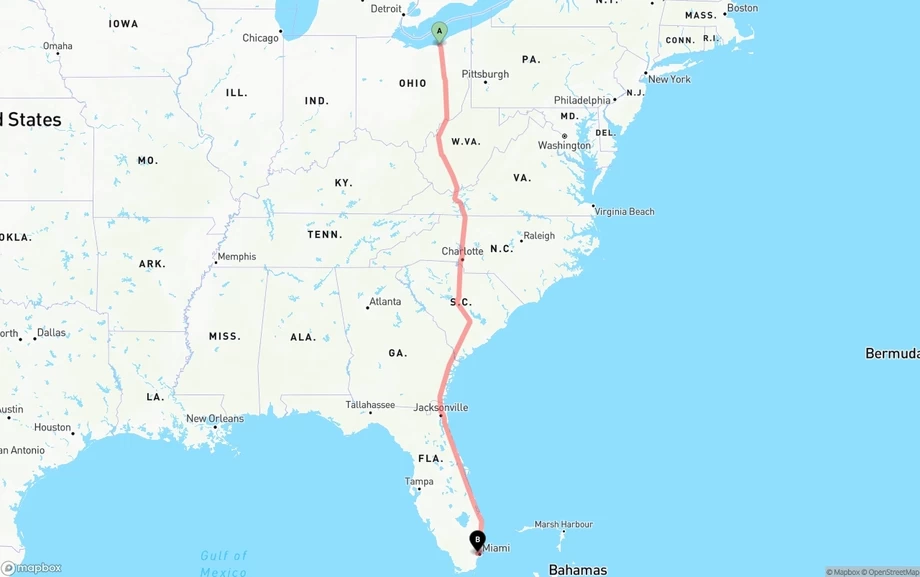 Cleveland to Miami International Airport freight shipping route map
