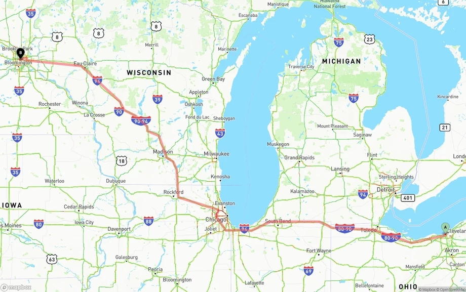 Cleveland to Minneapolis freight shipping route map