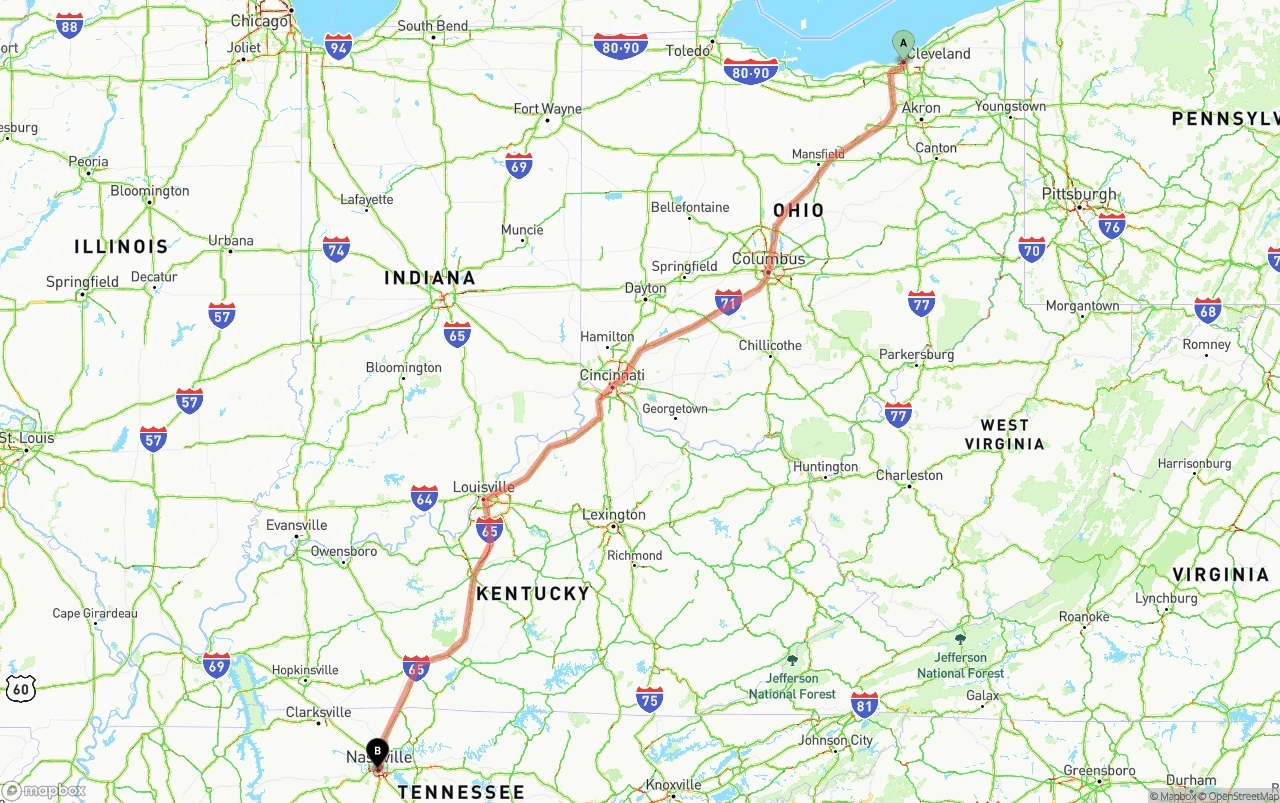 Shipping route from Cleveland to Nashville