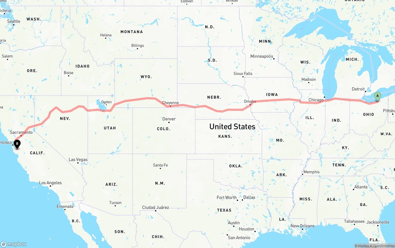 Shipping route from Cleveland to Norman Y. Mineta San Jose International Airport