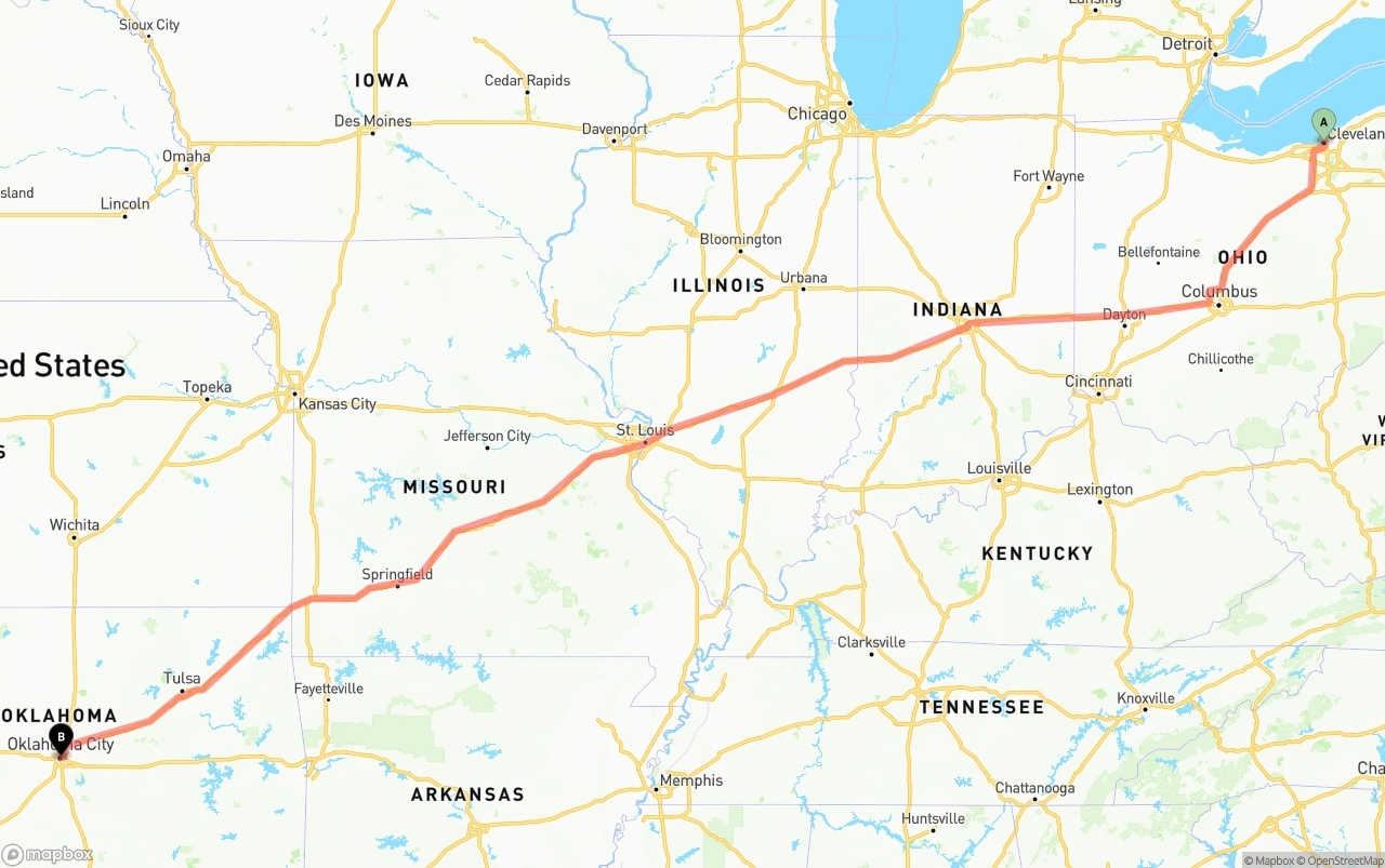 Shipping route from Cleveland to Oklahoma City