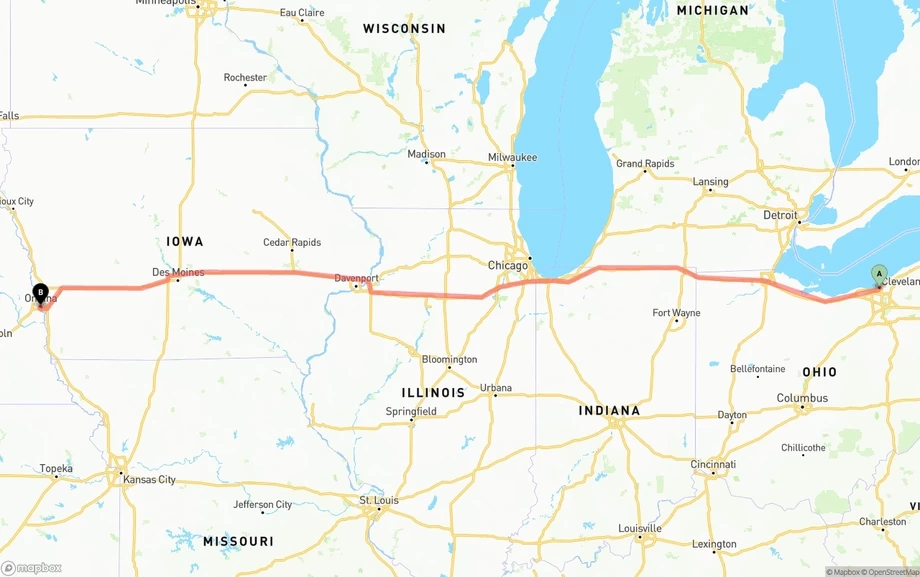 Cleveland to Omaha freight shipping route map