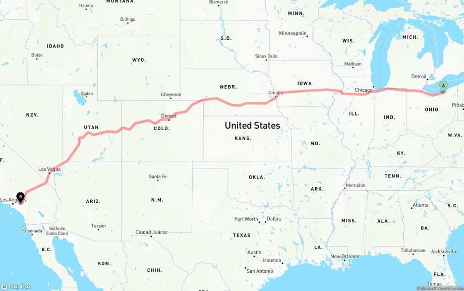 Cleveland to Ontario International Airport freight shipping route map