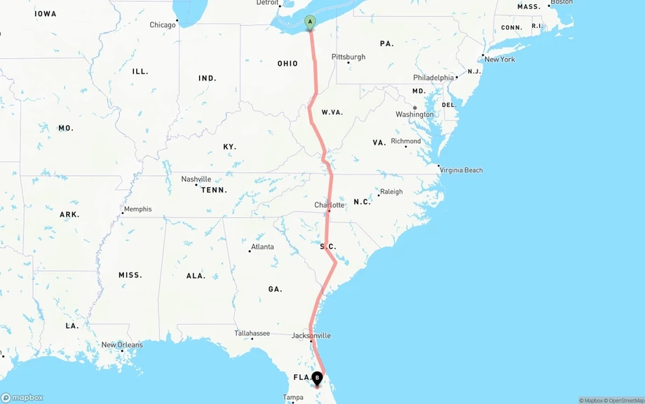 Cleveland to Orlando freight shipping route map