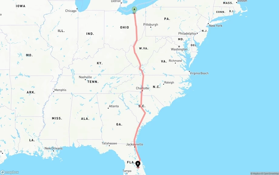 Cleveland to Orlando International Airport freight shipping route map