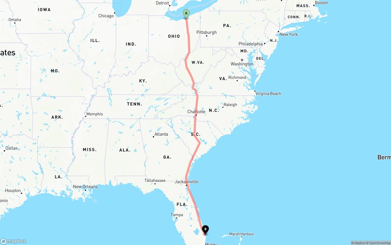 Shipping route from Cleveland to Palm Beach International Airport