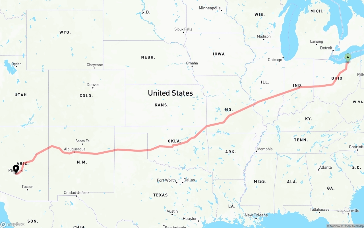 Shipping route from Cleveland to Phoenix Sky Harbor International Airport