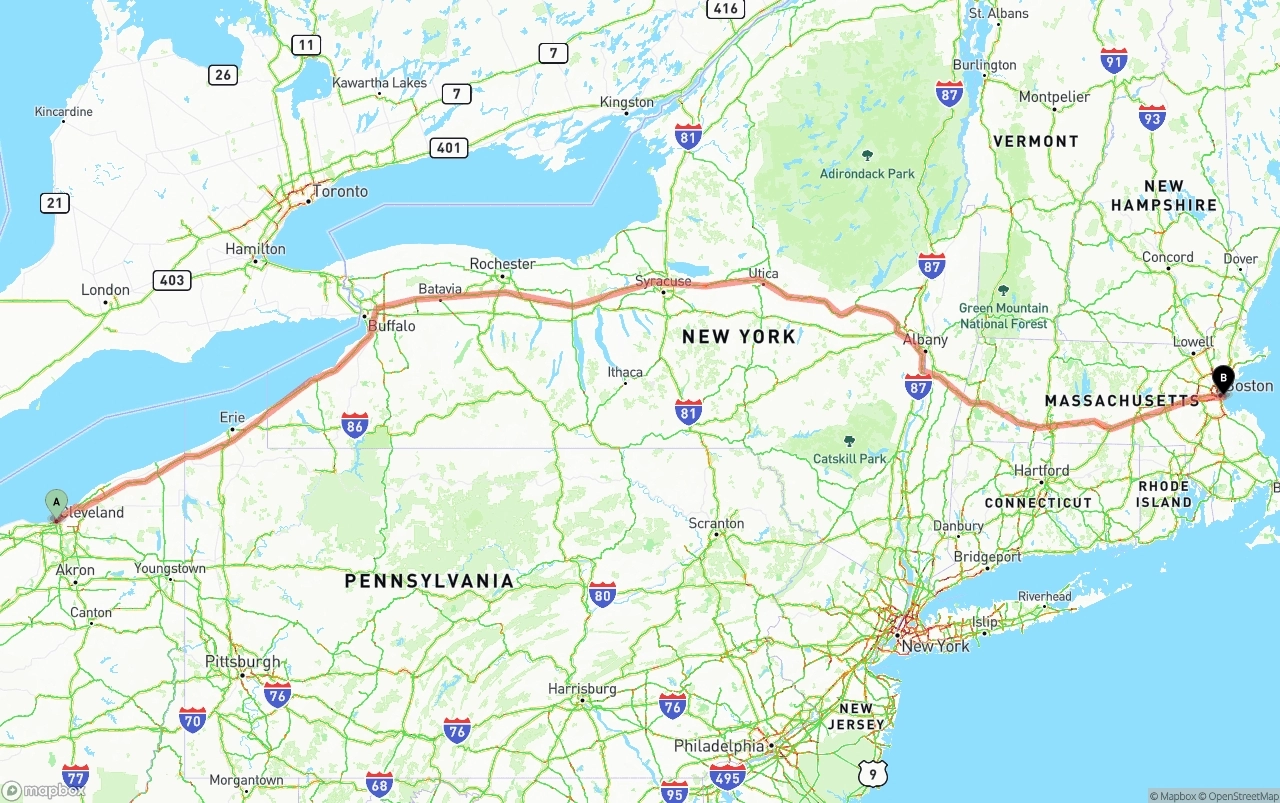 Shipping route from Cleveland to Port of Boston