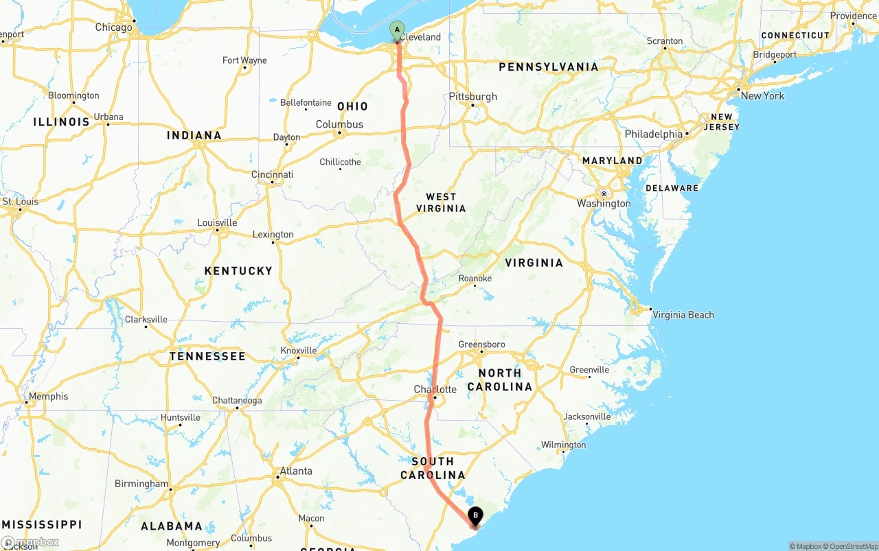 Shipping route from Cleveland to Port of Charleston