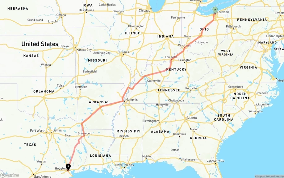 Cleveland to Port of Houston freight shipping route map
