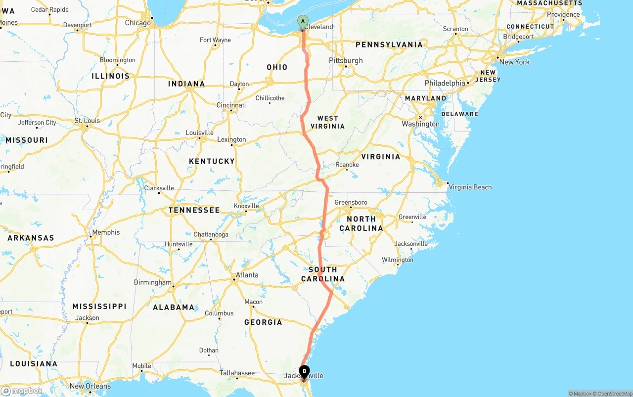 Shipping route from Cleveland to Port of Jacksonville