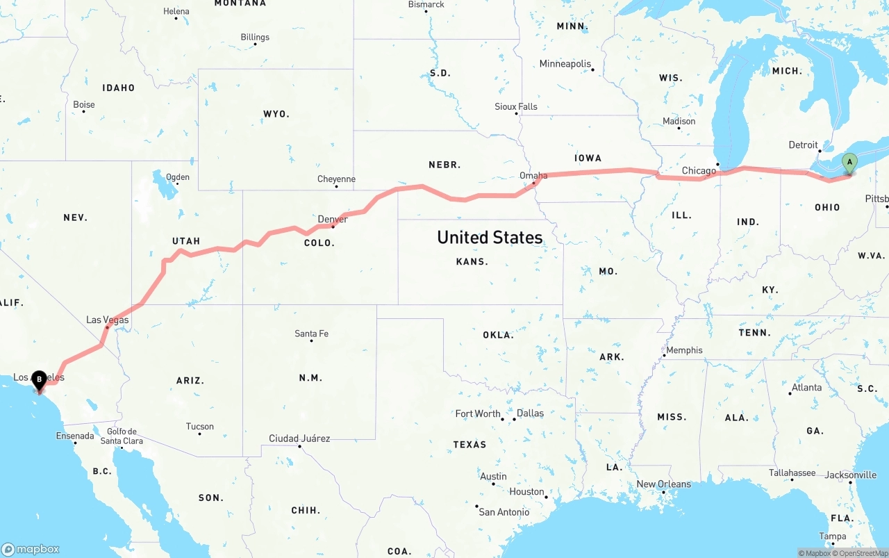 Shipping route from Cleveland to Port of Long Beach