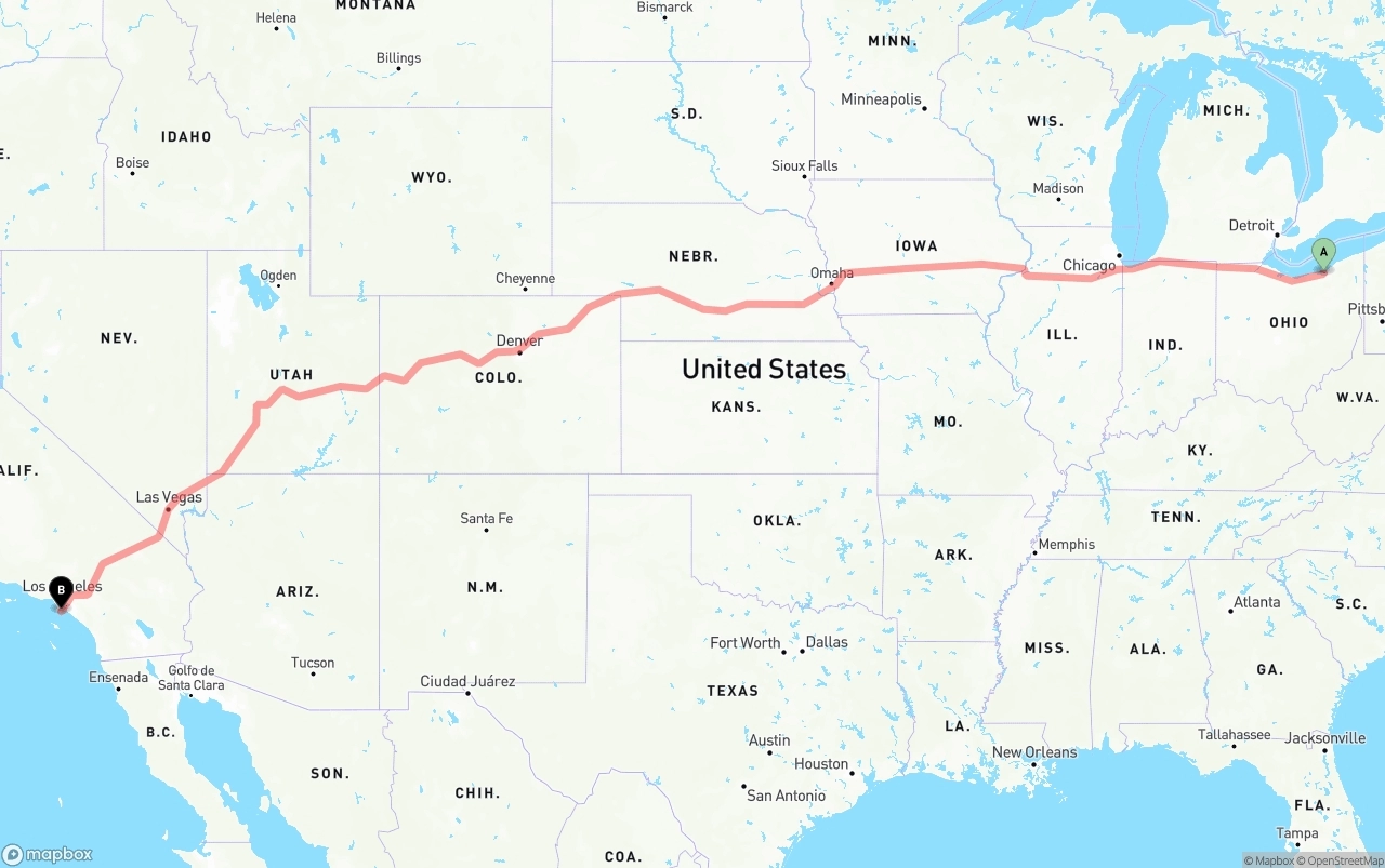 Shipping route from Cleveland to Port of Los Angeles