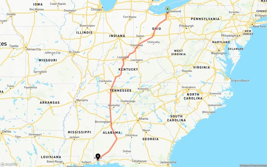 Cleveland to Port of Mobile freight shipping route map