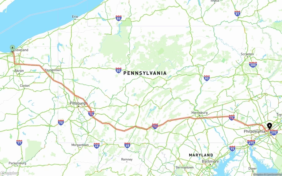 Cleveland to Port of Philadelphia freight shipping route map