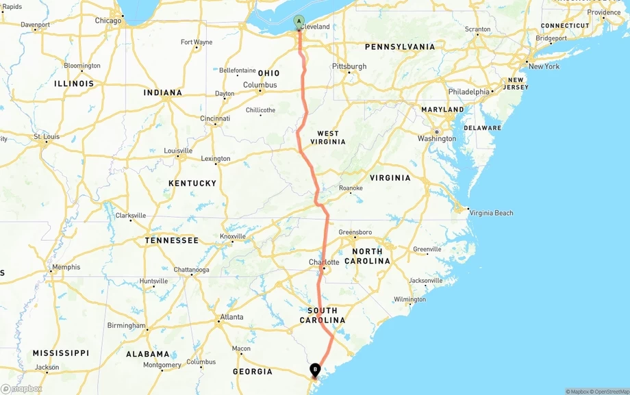 Cleveland to Port of Savannah freight shipping route map
