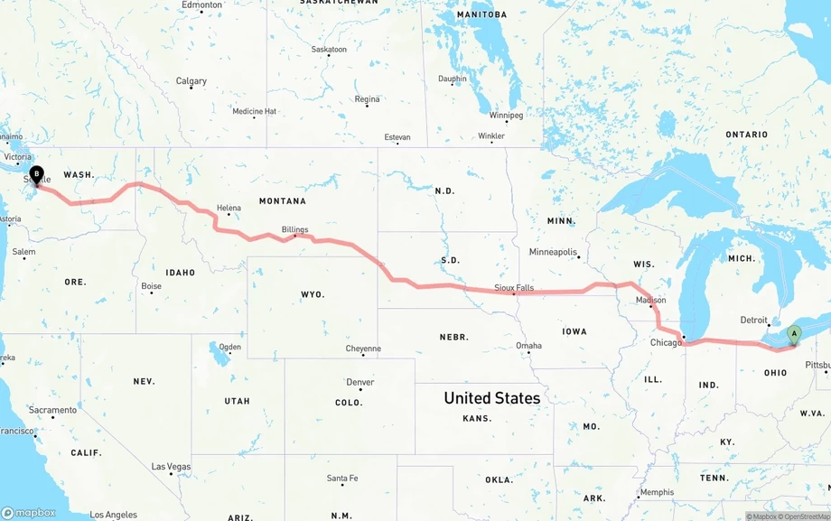 Cleveland to Port of Seattle freight shipping route map