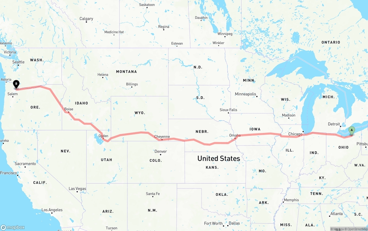 Shipping route from Cleveland to Portland International Airport