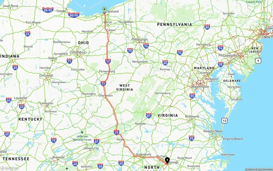 Cleveland to Raleigh freight shipping route map