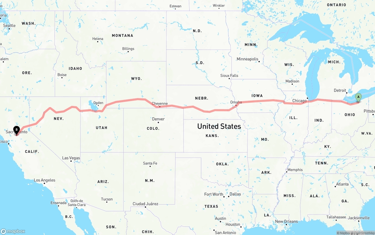 Shipping route from Cleveland to Sacramento