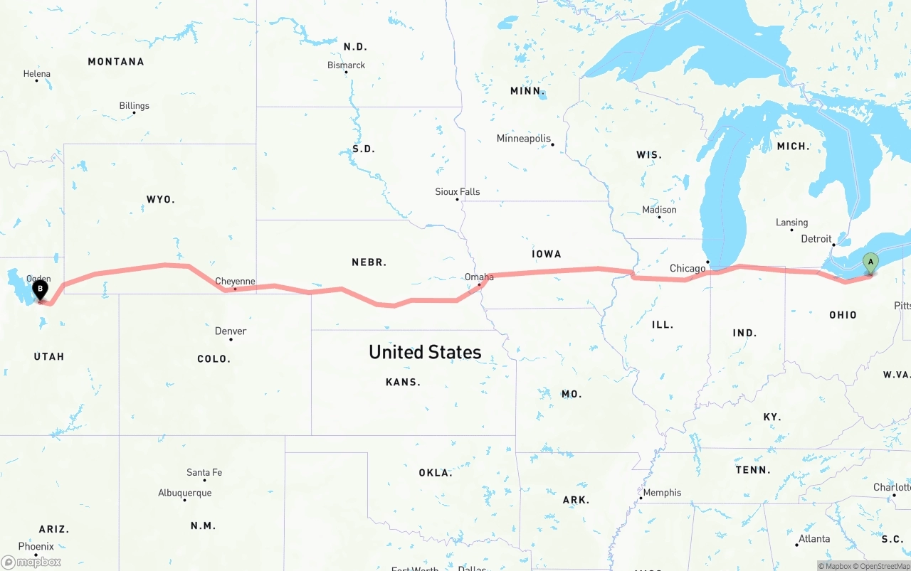 Shipping route from Cleveland to Salt Lake City