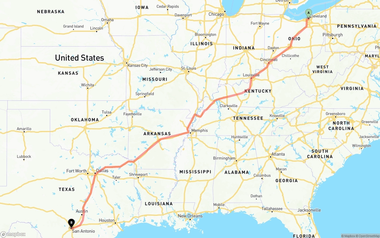 Shipping route from Cleveland to San Antonio