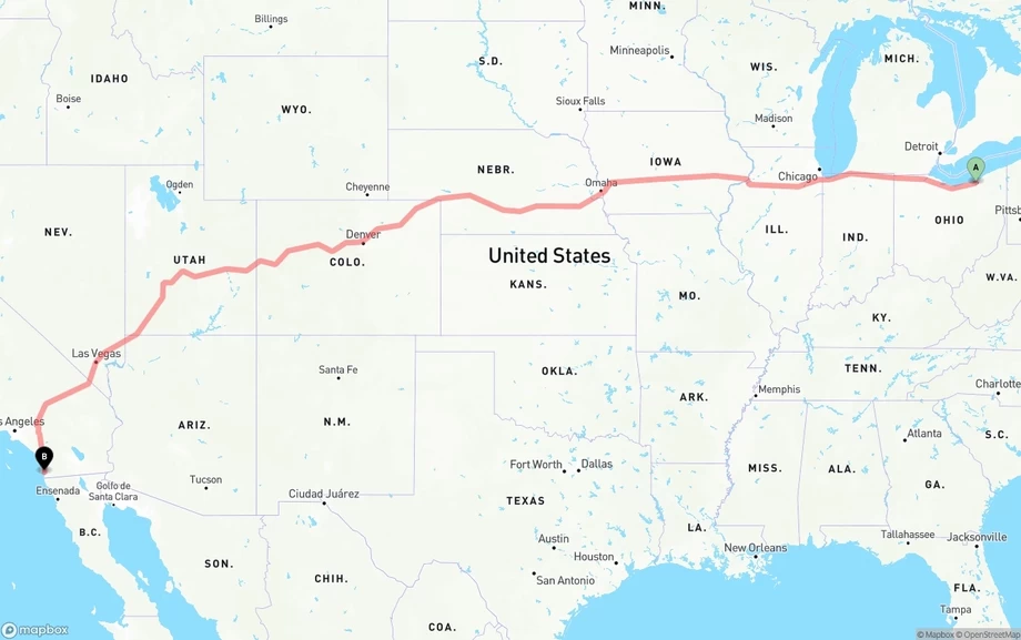 Cleveland to San Diego freight shipping route map