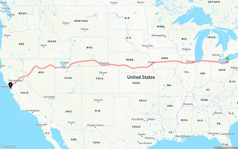 Cleveland to San Francisco freight shipping route map