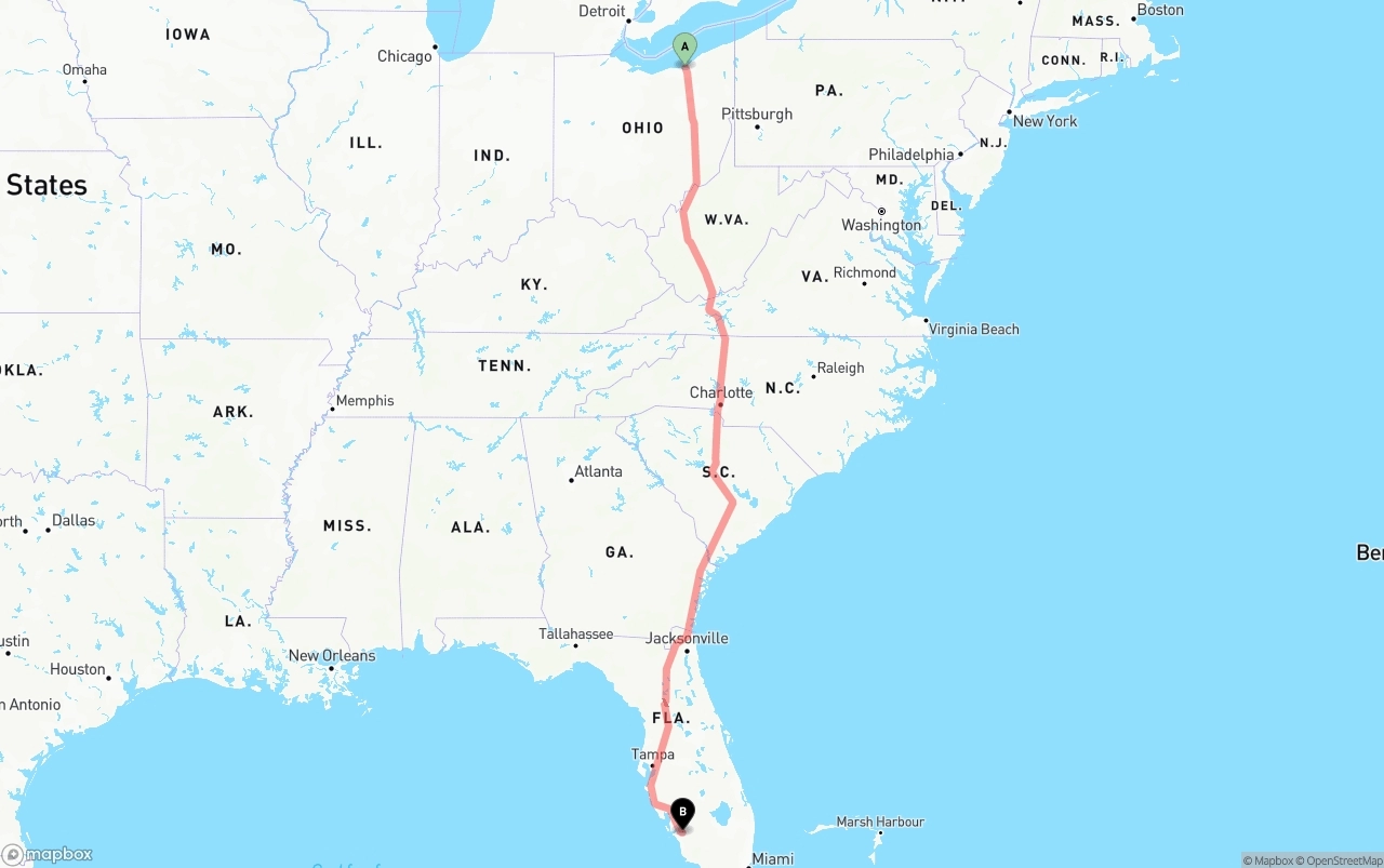 Shipping route from Cleveland to Southwest Florida International Airport