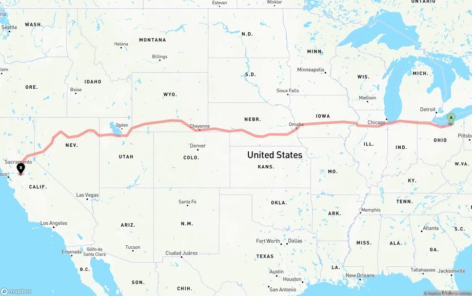 Cleveland to Stockton freight shipping route map