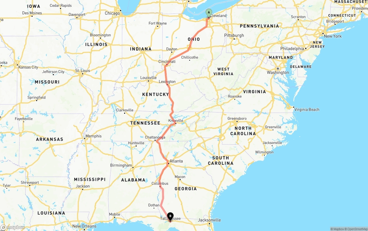 Shipping route from Cleveland to Tallahassee