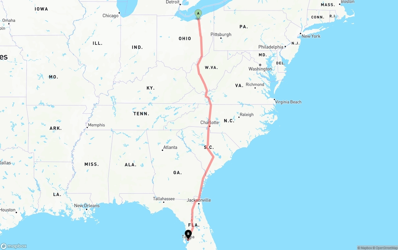 Shipping route from Cleveland to Tampa