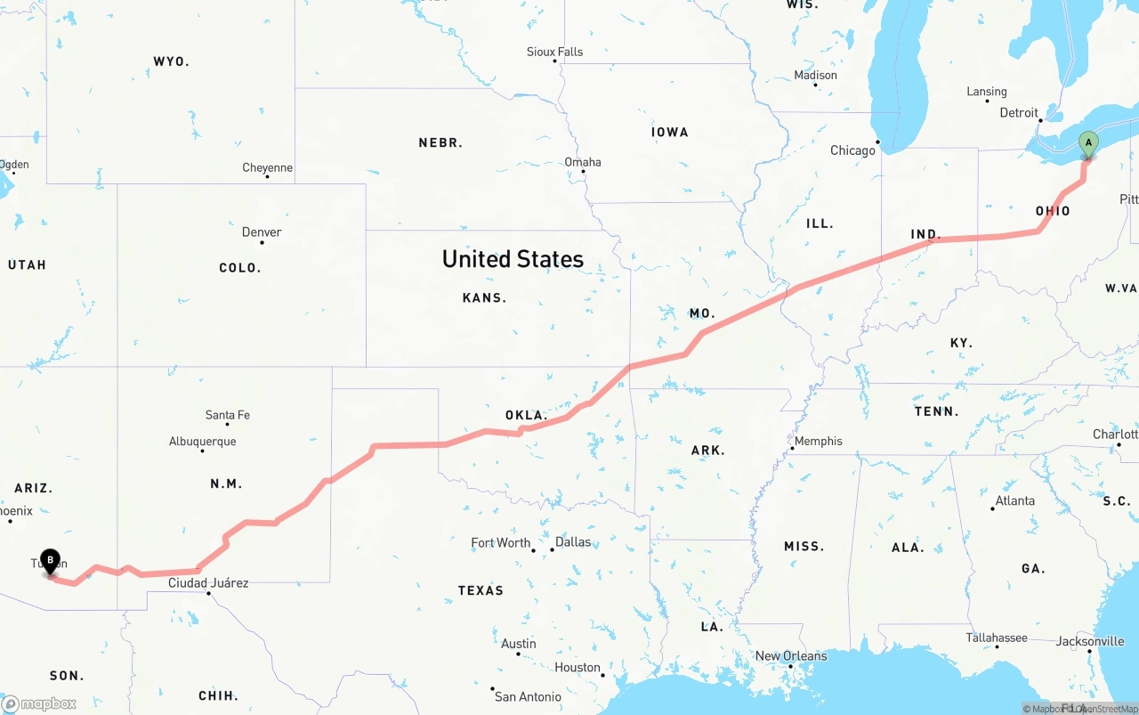 Shipping route from Cleveland to Tucson International Airport