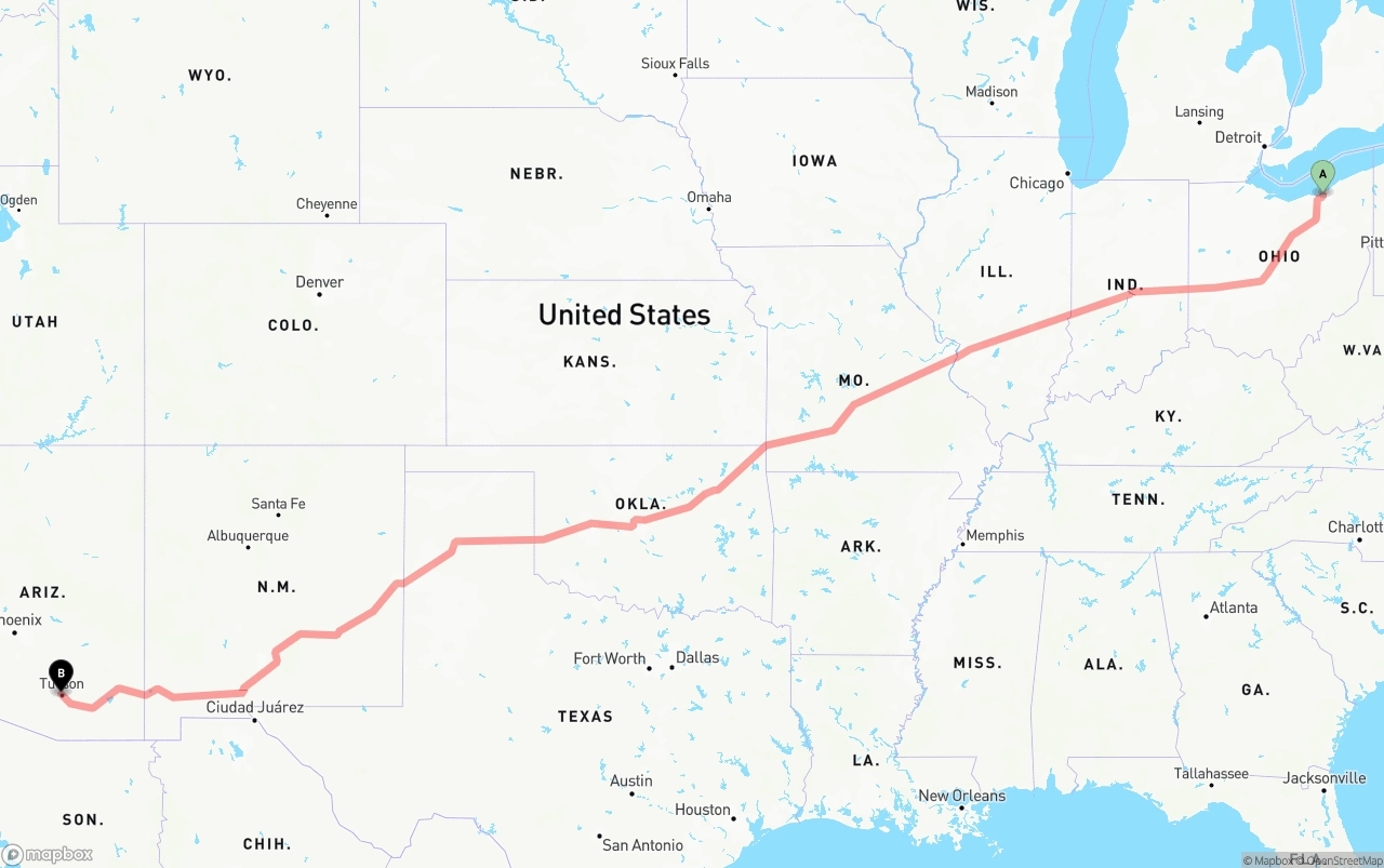 Shipping route from Cleveland to Tucson