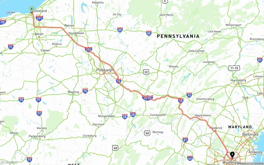 Cleveland to Washington D.C. freight shipping route map