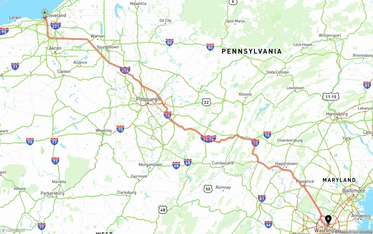 Shipping route from Cleveland to Washington D.C.