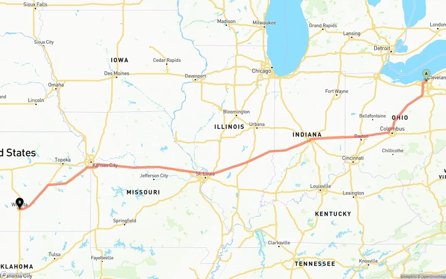 Cleveland to Wichita freight shipping route map