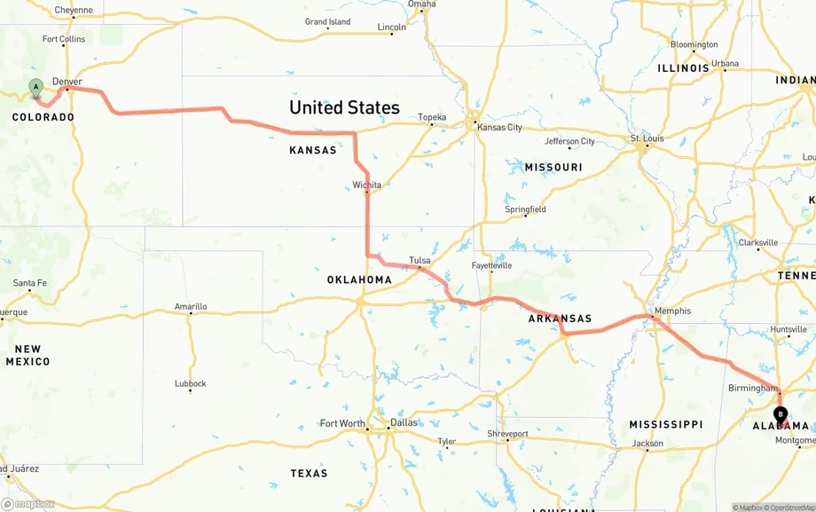 Colorado to Alabama freight shipping route map