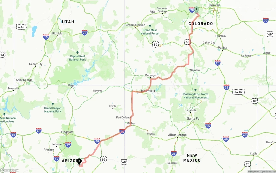 Colorado to Arizona freight shipping route map