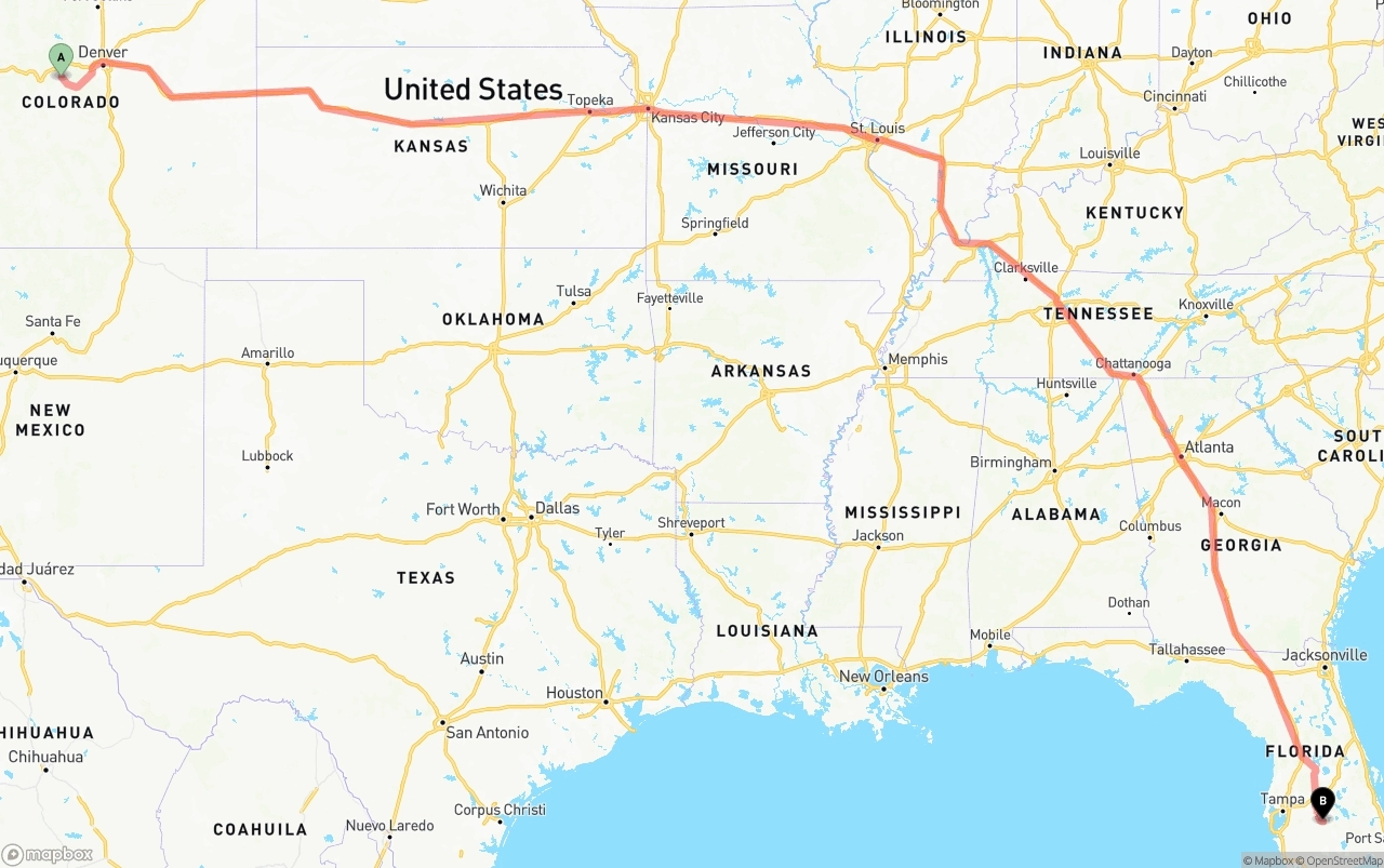 Shipping route from Colorado to Florida