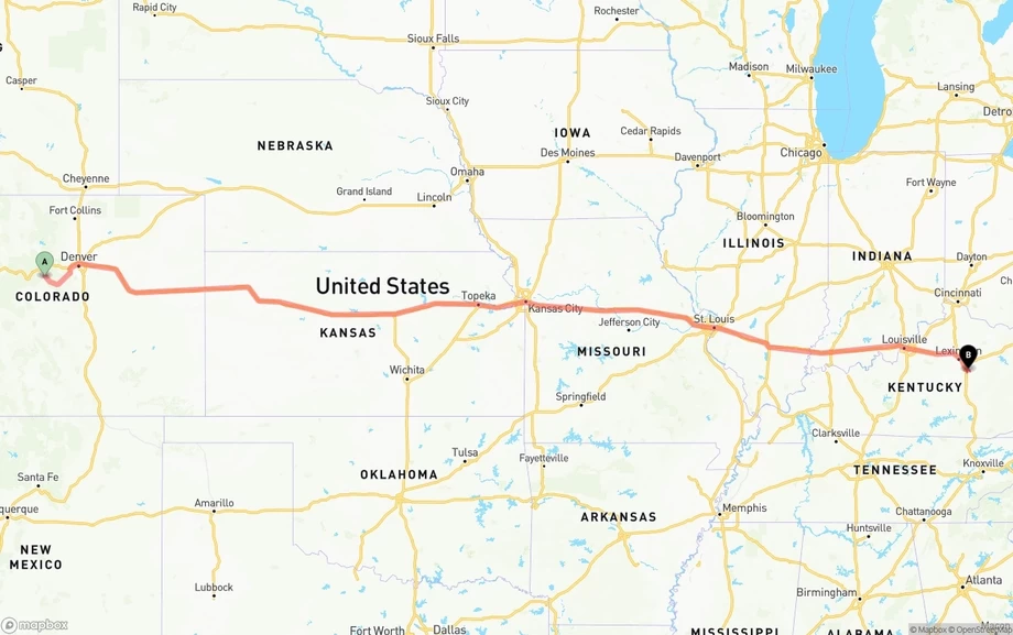 Colorado to Kentucky freight shipping route map