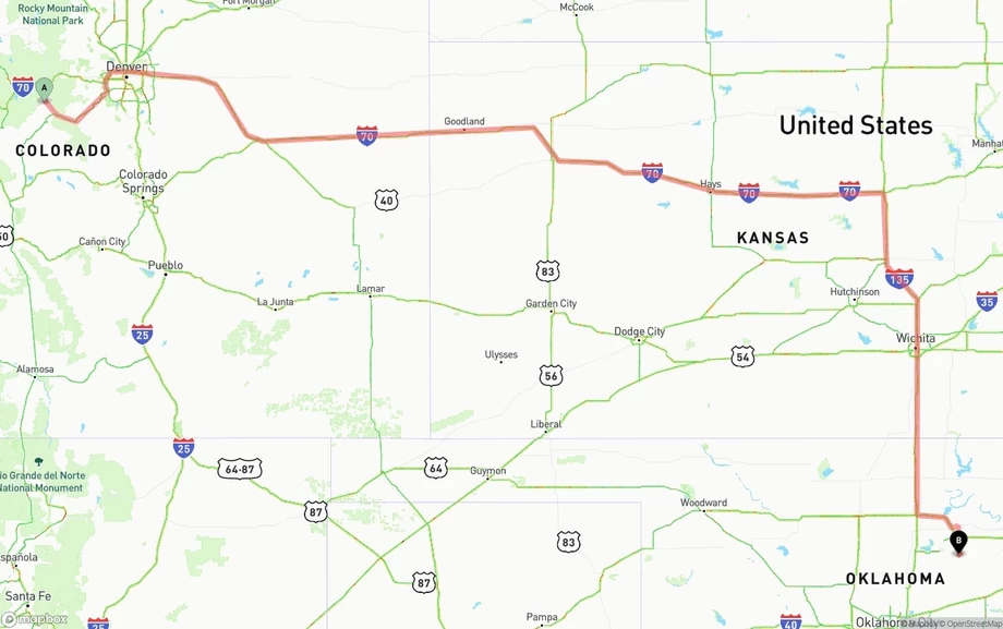 Colorado to Oklahoma freight shipping route map