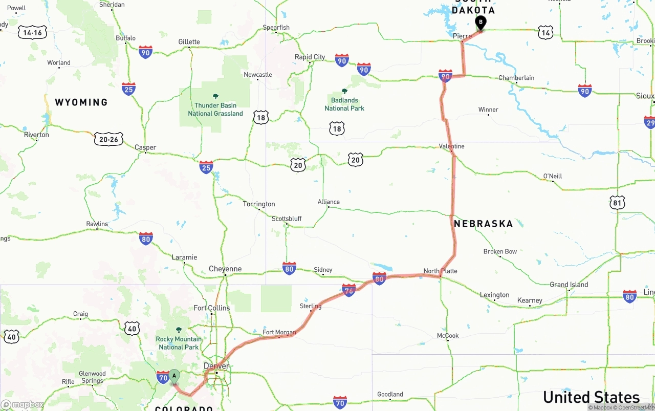 Shipping route from Colorado to South Dakota