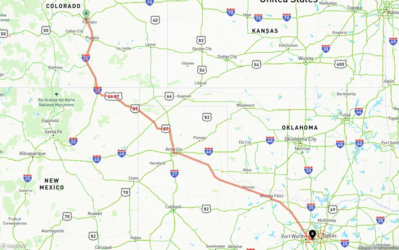 Shipping route from Colorado Springs to Arlington