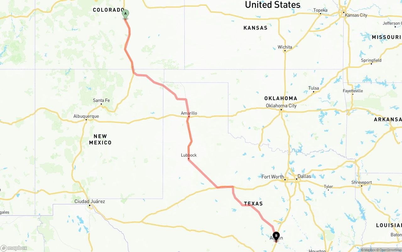 Shipping route from Colorado Springs to Austin
